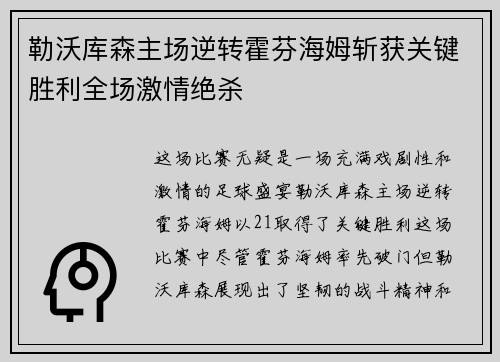 勒沃库森主场逆转霍芬海姆斩获关键胜利全场激情绝杀